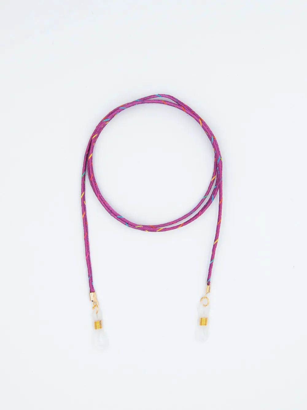 Brillenband fein geflochten fuchsia mit blauen und gelben Akzenten auf weissem Hintergrund
