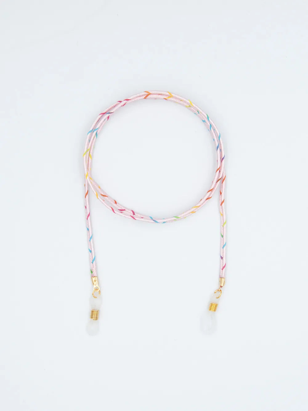 Brillenband fein geflochten rosa mit blauen , pinken und gelben Akzenten auf weissem Hintergrund