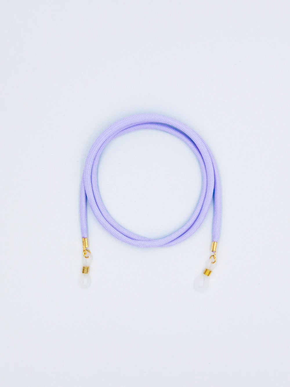 sportliches Brillenband aus lila Paracord Kordel mit transparenten Brillengummis auf weissem Hintergrund