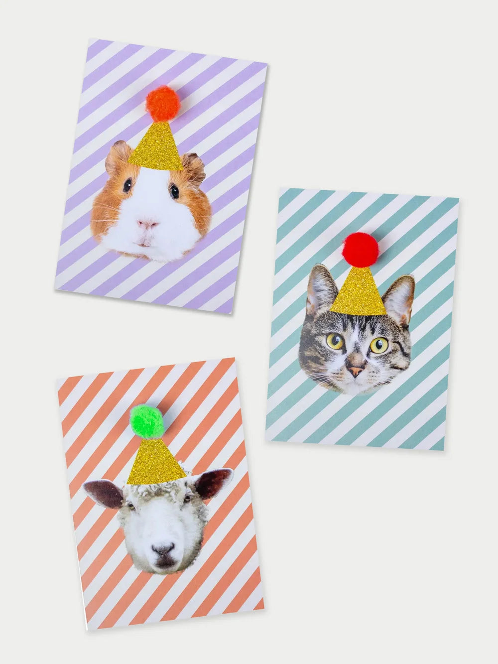 Drei Postkarten, eine lila-weiss schräg gestreift mit Meerschweinchen mit goldenem Hut und orangem Pompon, eine eine türkis-weiss schräg gestreift mit Katze mit goldenem Hut und rotem Pompon und eine eine orange-weiss schräg gestreift mit Schaf mit goldenem Hut und grünem Pompon auf beigem Hintergrund