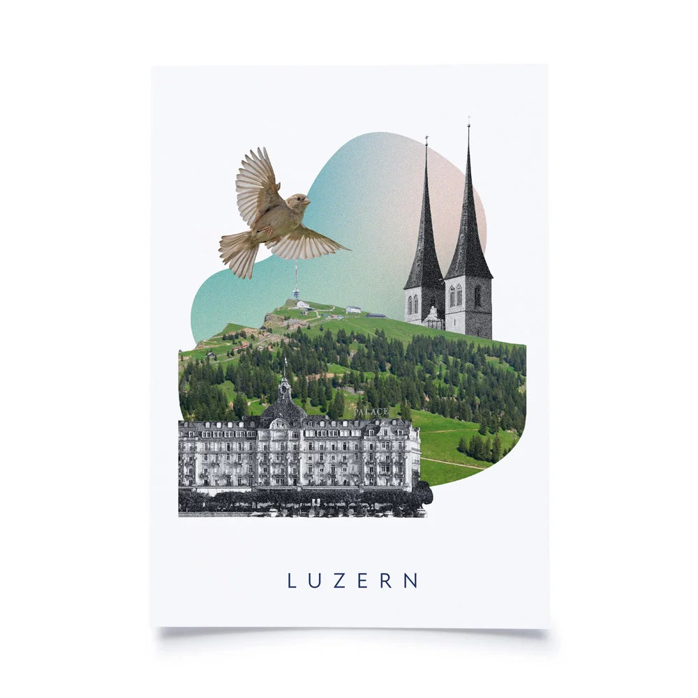 Postkarten mit Collage aus Spatz, Rigi, Hofkirche und Hotel Palace Luzern auf weissem Hintergrund