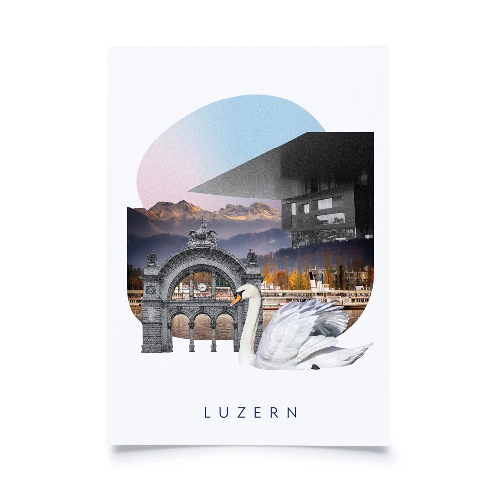 Postkarten mit Collage aus Schwan, KKL Dampfschiffen und Torbogen Luzern auf weissem Hintergrund