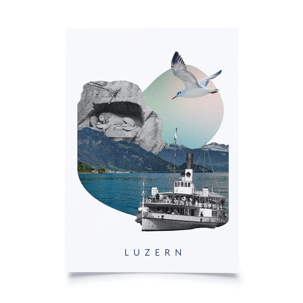 Postkarten mit Collage aus Möwe, Dampschiff, Vierwaldstättersee und Löwendenkmal Luzern auf weissem Hintergrund