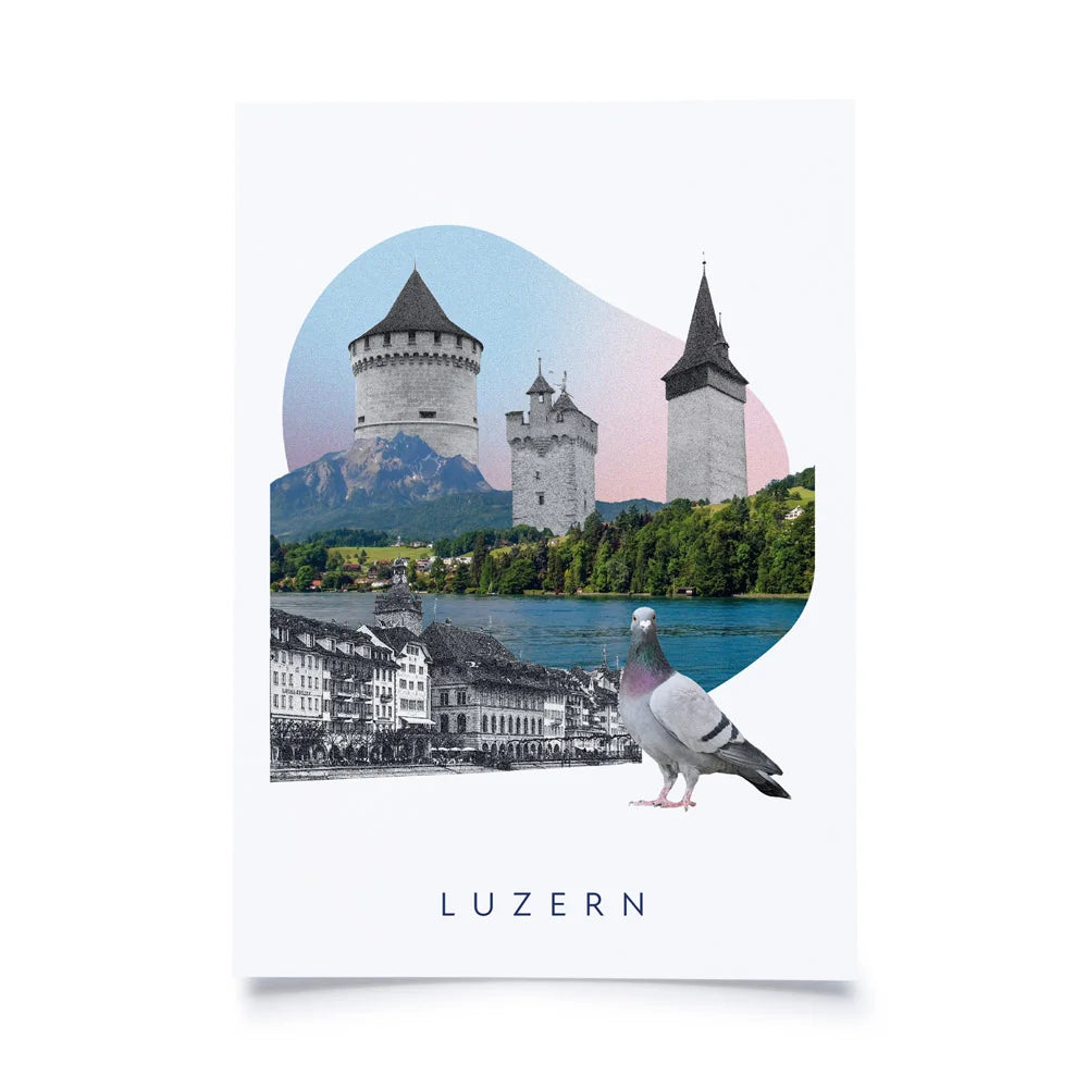 Postkarten mit Collage aus Taube, Altstadt, Vierwaldstättersee und Museggtürmen Luzern auf weissem Hintergrund