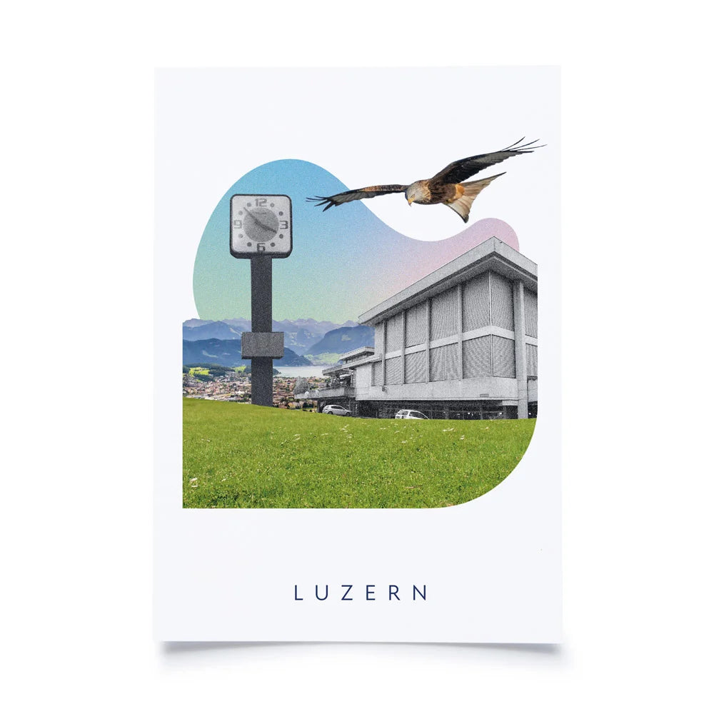 Postkarten mit Collage aus Bussard, Stehuhr und Neubad Luzern auf weissem Hintergrund