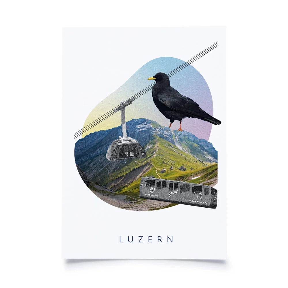 Postkarten mit Collage aus Bergdohle, Seilbahn, Standseilbahn und Pilatus Luzern auf weissem Hintergrund