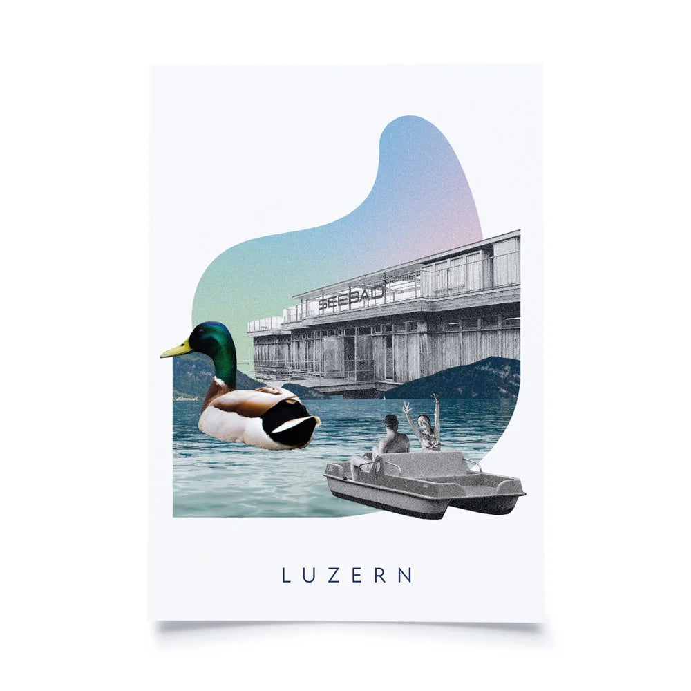 Postkarten mit Collage aus Ente, Pedalo, Vierwaldstättersee und Seebad Luzern auf weissem Hintergrund