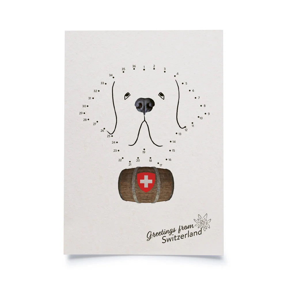 Postkarte weiss mit Malen nach Zahlen Motiv Berhardiner mit Fässchen, in unterer rechter Ecke Schriftzug Greetings from Switzerland