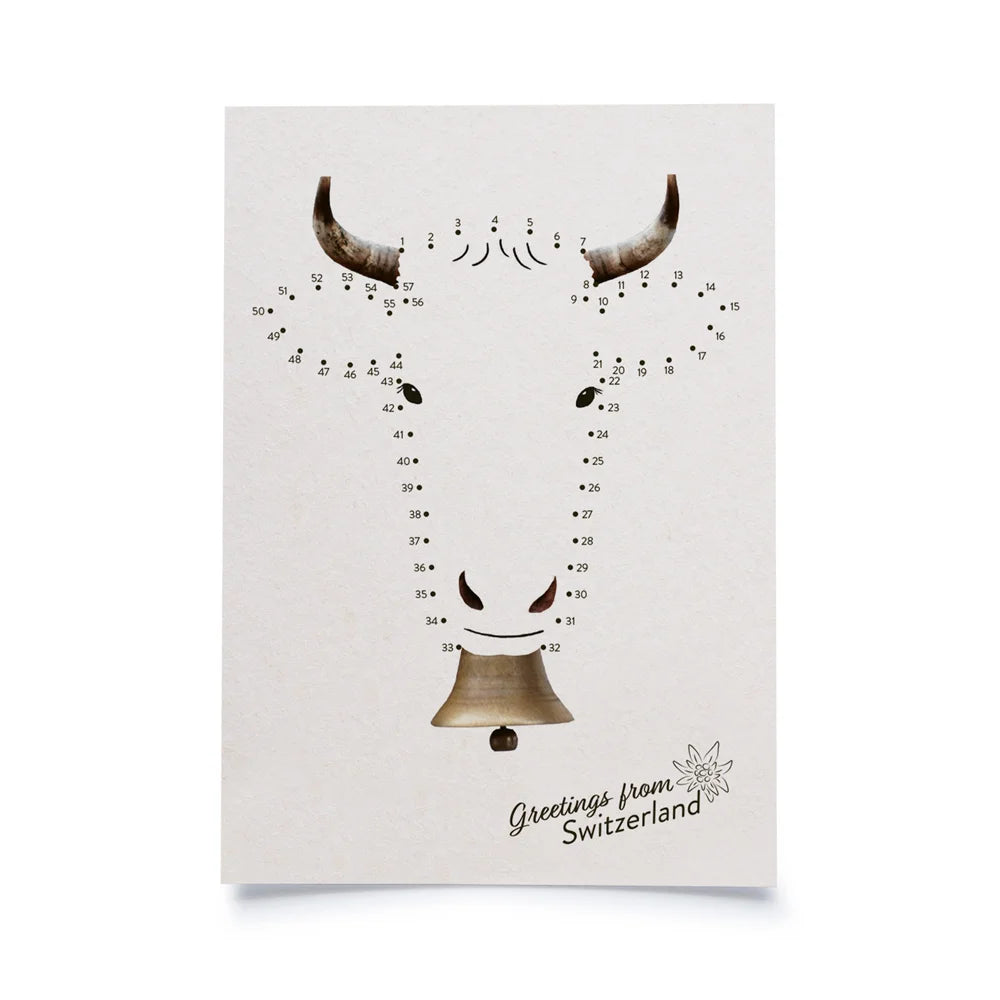 Postkarte weiss mit Malen nach Zahlen Motiv Kuhkopf mit Glocke, in unterer rechter Ecke Schriftzug Greetings from Switzerland