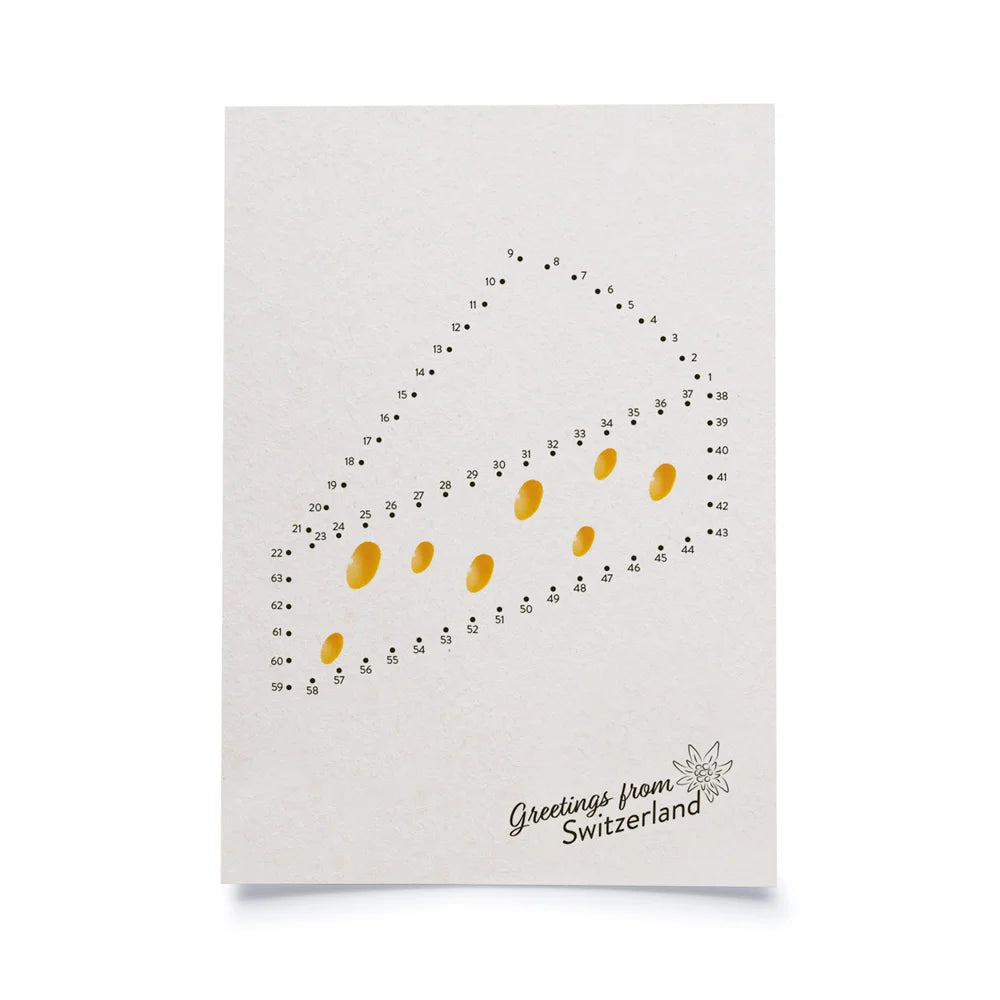 Postkarte weiss mit Malen nach Zahlen Motiv Käse in unterer rechter Ecke Schriftzug Greetings from Switzerland