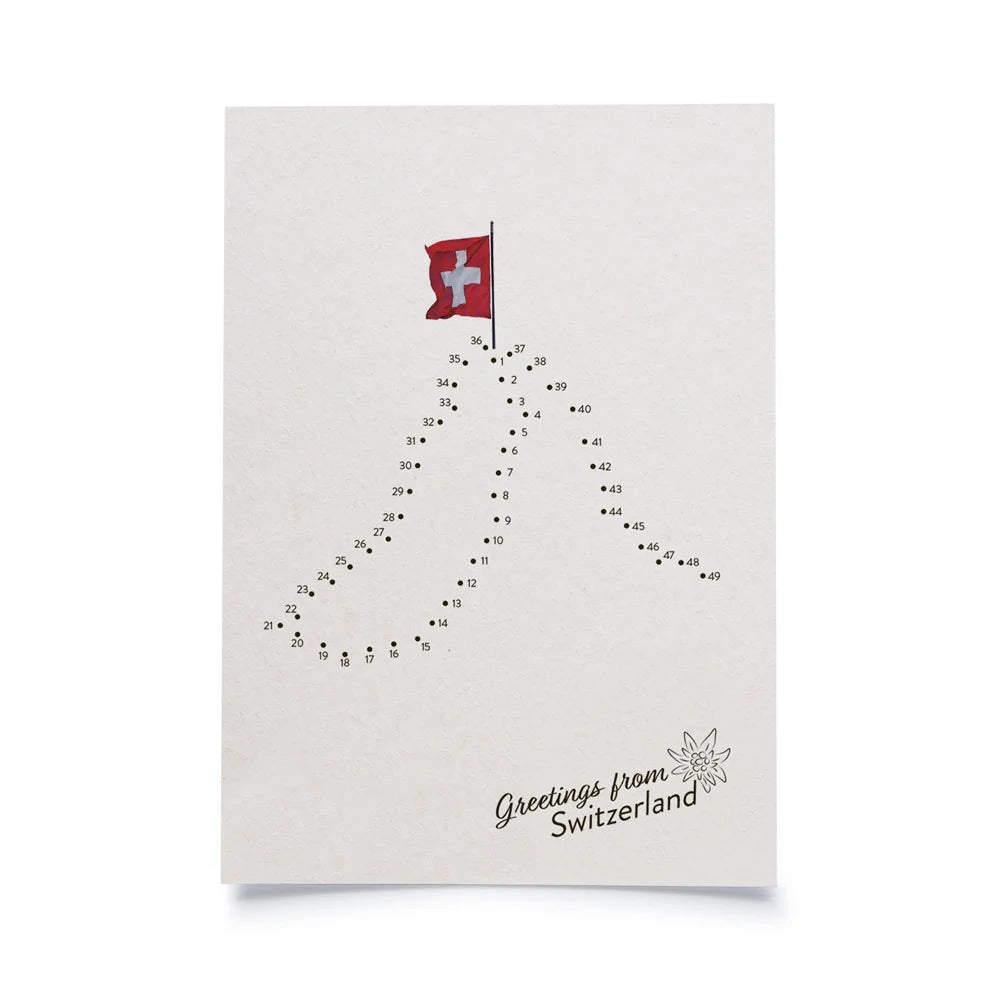 Postkarte weiss mit Malen nach Zahlen Motiv Matterhorn mit Schweizerfahne, in unterer rechter Ecke Schriftzug Greetings from Switzerland
