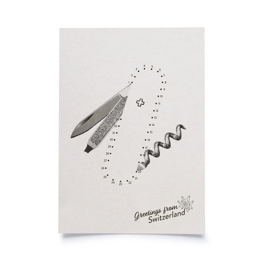 Postkarte weiss mit Malen nach Zahlen Motiv Sackmesser, in unterer rechter Ecke Schriftzug Greetings from Switzerland