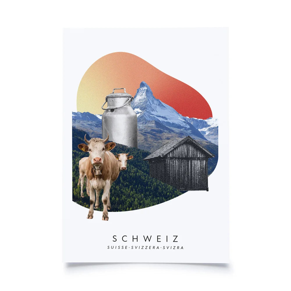 Postkarten mit Collage aus Milchkanne, Kühen, Matterhorn und Holzscheune auf weissem Hintergrund mit Schriftzug Schweiz
