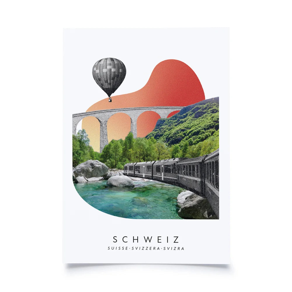 Postkarten mit Collage aus Glacierexpress, Heissluftballon, Lanndwasserviadukt und Waldlandschaft auf weissem Hintergrund mit Schriftzug Schweiz
