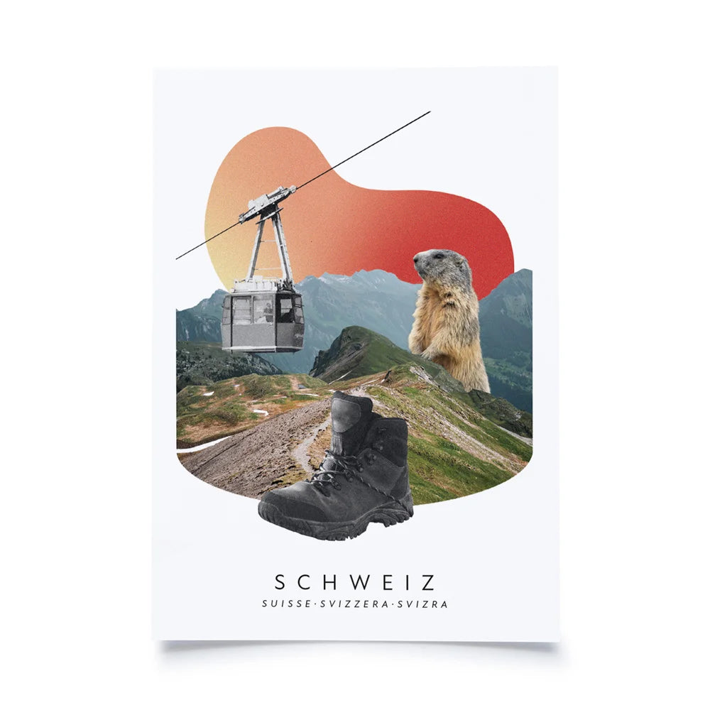 Postkarten mit Collage aus Wanderschuh, Gondelbahn, Murmeltier und Berglandschaft auf weissem Hintergrund mit Schriftzug Schweiz