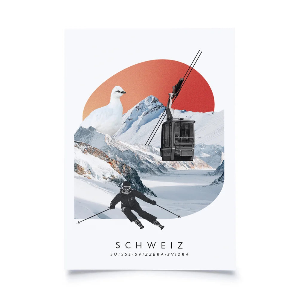 Postkarten mit Collage aus Skifahrer, Goldebahn, Schneehuhn und Schneelandschaft auf weissem Hintergrund mit Schriftzug Schweiz