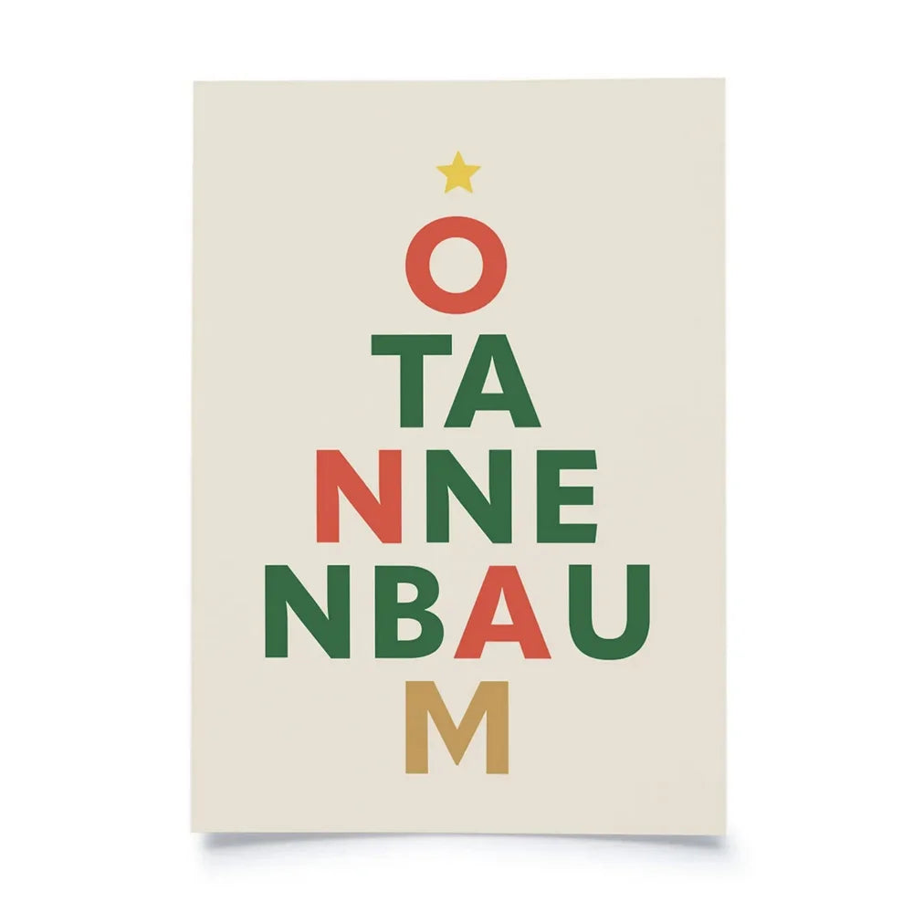 Postkarte cremeweiss mit Schriftzug O Tannenbaum in Christbaumform angeordnet