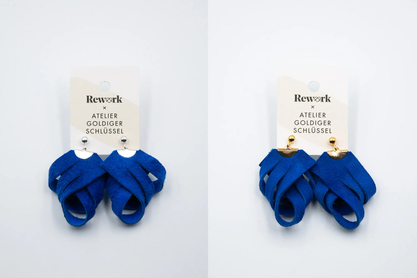 Ohrhänger aus blauem Recycling Leder mit goldenen und silbernen Metallteilen an Etikette auf weissem Hintergund