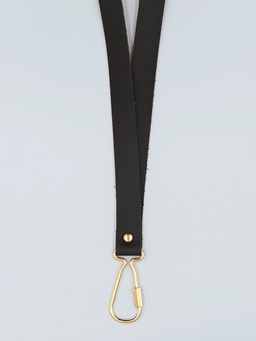 Schwarzes Lederschlüsselband mit goldenem Karabiner vor weissem Hintergrund