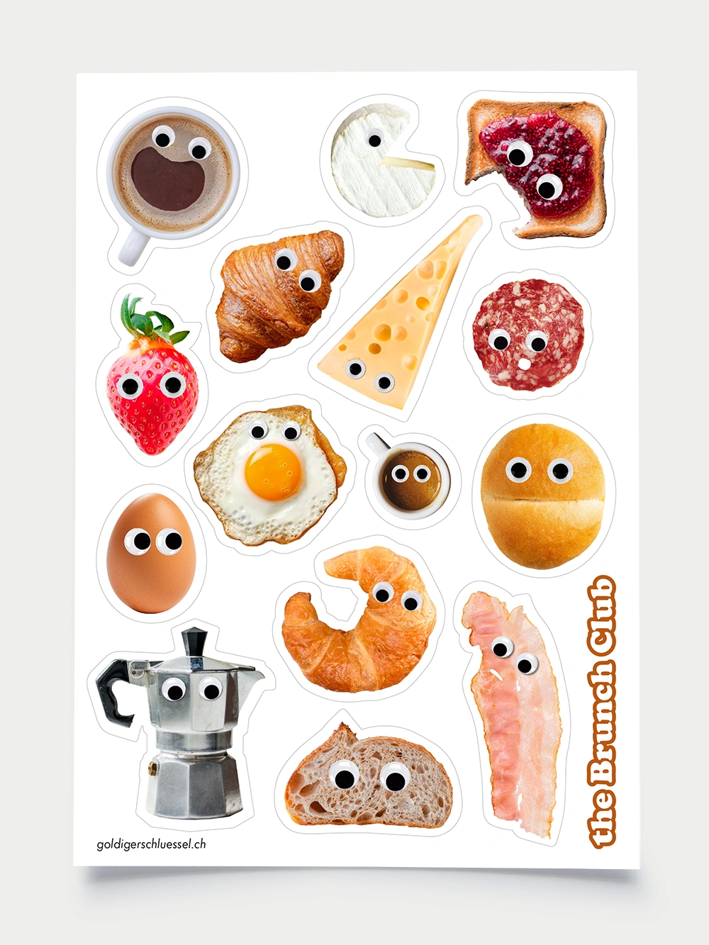 Stickerbogen mit 15 Motiven mit gedruckten Wackelaugen zum Thema the Brunch Club wie Croissant, Toast, Spiegelei, Weggli, Bialetti oder Speck. 