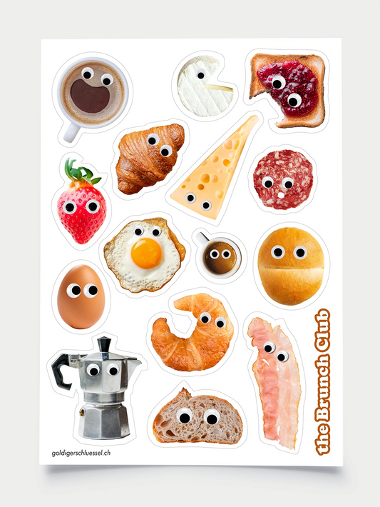 Stickerbogen mit 15 Motiven mit gedruckten Wackelaugen zum Thema the Brunch Club wie Croissant, Toast, Spiegelei, Weggli, Bialetti oder Speck. 