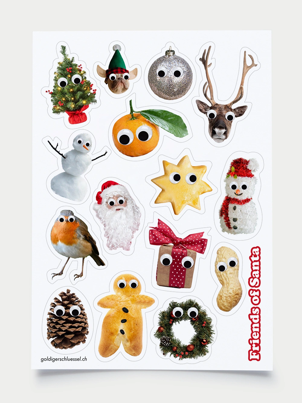 Stickerbogen mit 15 Motiven mit gedruckten Wackelaugen zum Thema Weihnachten wie Mandarine, Renntier, Schneemann, Mailänderli, Grittibänz, Erdnuss.
