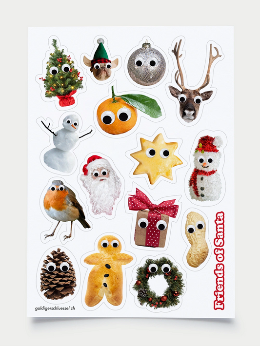 Stickerbogen mit 15 Motiven mit gedruckten Wackelaugen zum Thema Weihnachten wie Mandarine, Renntier, Schneemann, Mailänderli, Grittibänz, Erdnuss.
