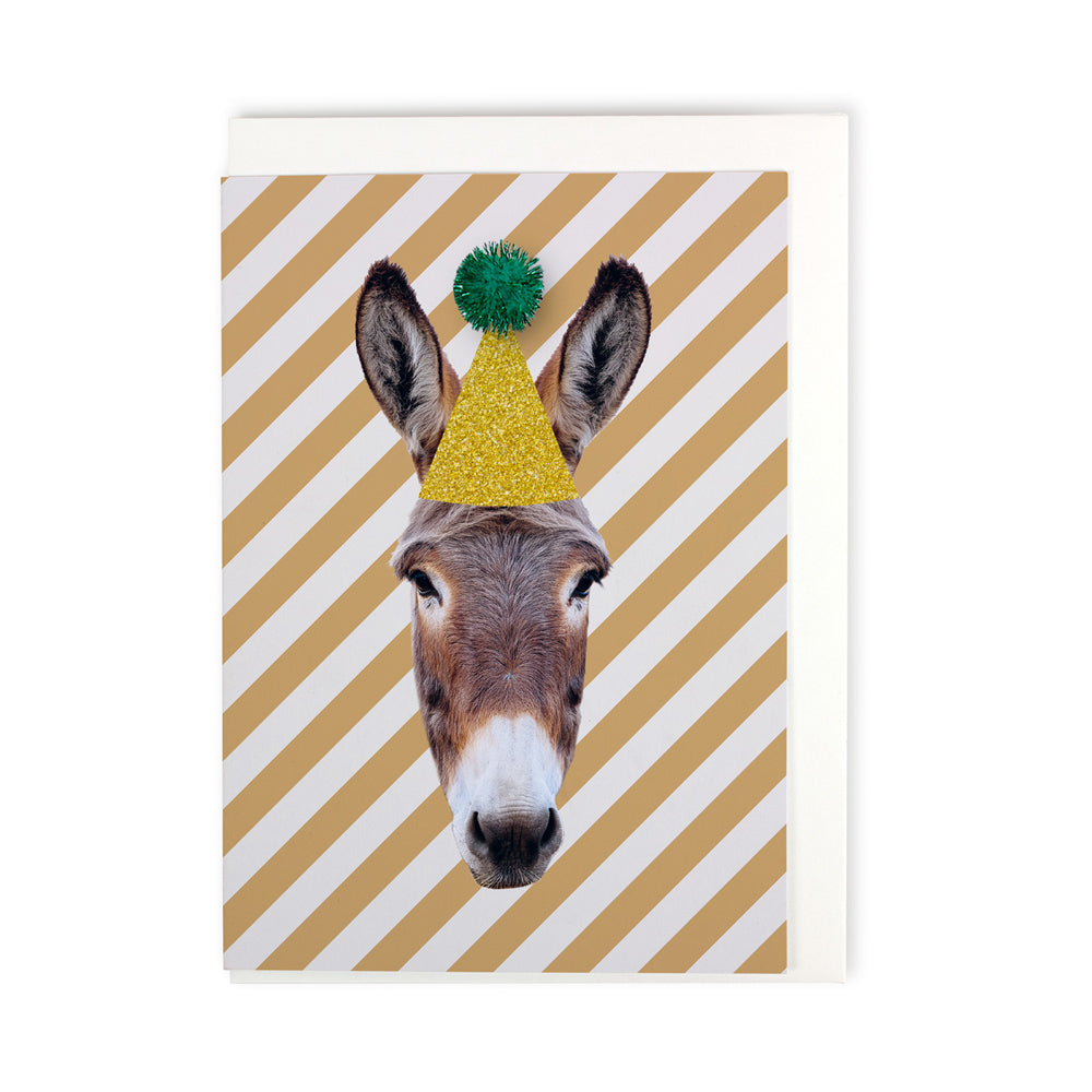 Grusskarte mit Couvert, beige-weiss schräg gestreift mit Eselskopf mit grünem Pompon auf goldenem Spitzhut, weisser Hintergrund