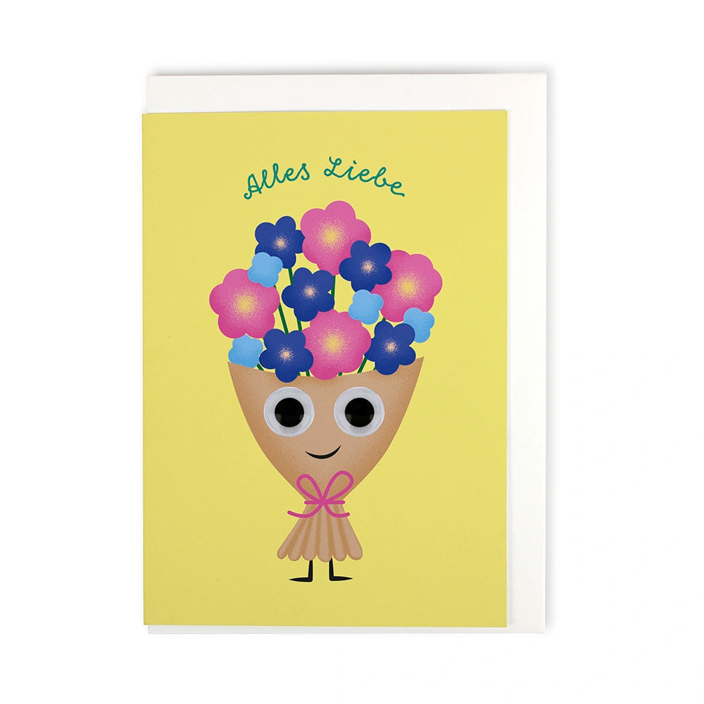 Aufsicht auf eine Faltkarten mit einem illustrierten Blumenstrauss und dem Schriftzug "Alles Liebe" inklusive Couvert. 