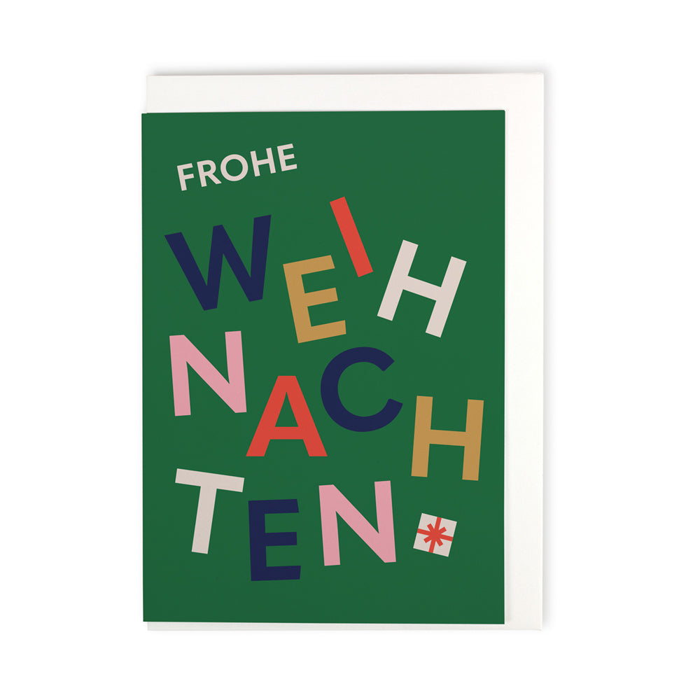 Postkarte grün mit verteilten farbigen Buchstaben Frohe Weihnachten