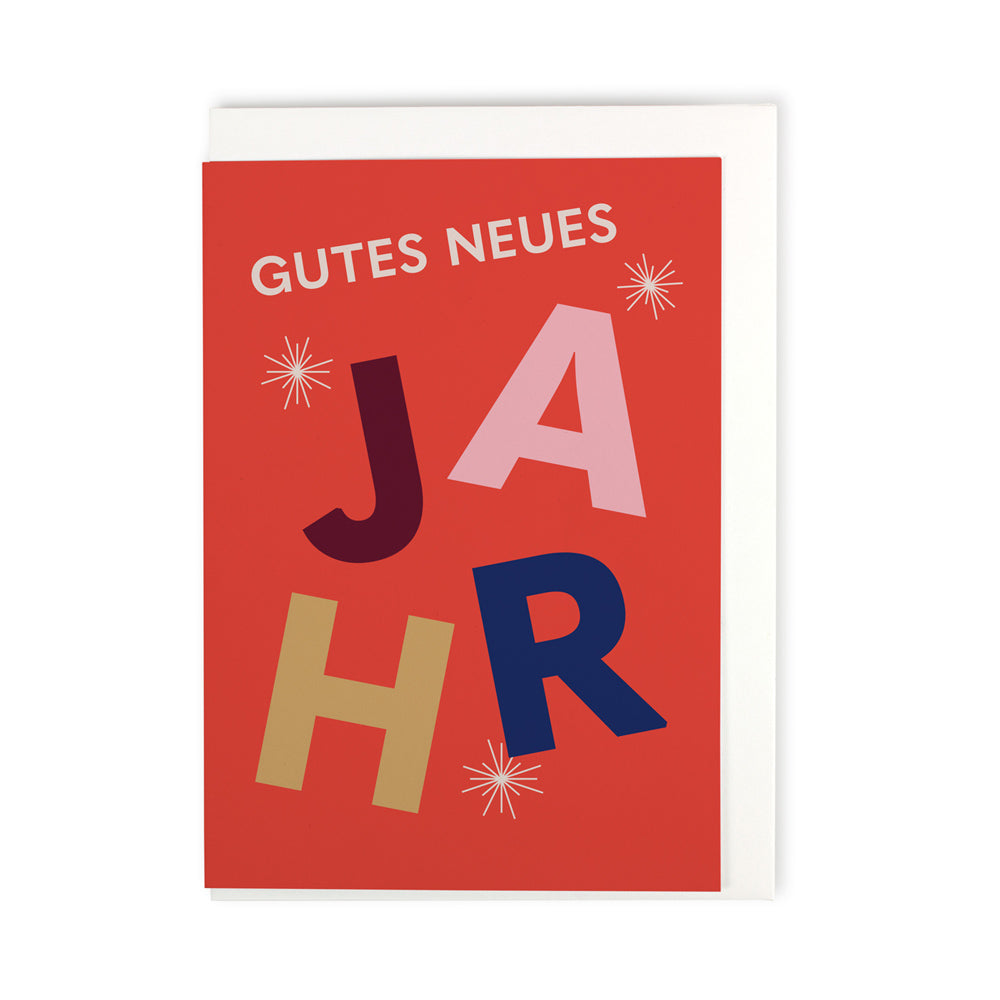 Rote Postkarte mit buntem Schriftzug Gutes neues Jahr