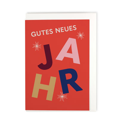 Rote Postkarte mit buntem Schriftzug Gutes neues Jahr