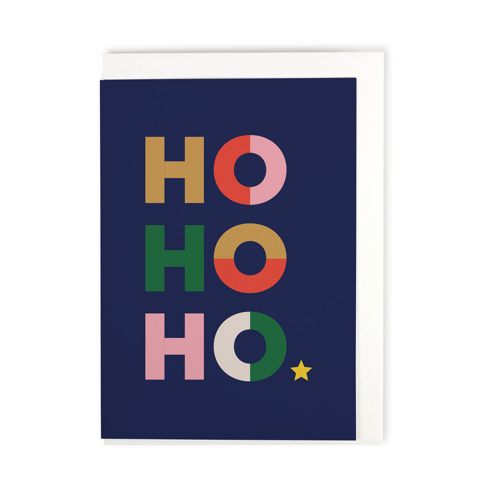 Postkarte dunkelblau mit den Buchstaben Ho Ho Ho übereinander geschrieben