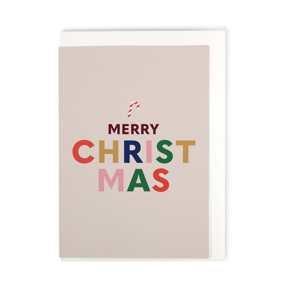 Postkarte cremeweiss mit dem bunten Schriftzug Merry Christmas 