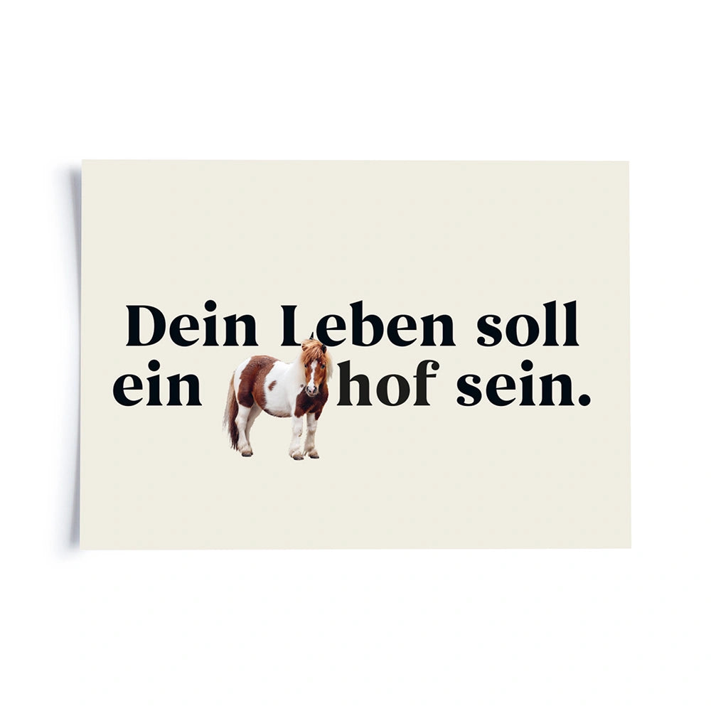 Postkarte auf weissem Hintergrund mit einem abgewandelten Sprichwort «Dein Leben soll ein Ponyhof sein.»