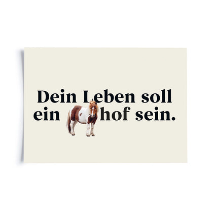 Postkarte auf weissem Hintergrund mit einem abgewandelten Sprichwort «Dein Leben soll ein Ponyhof sein.»