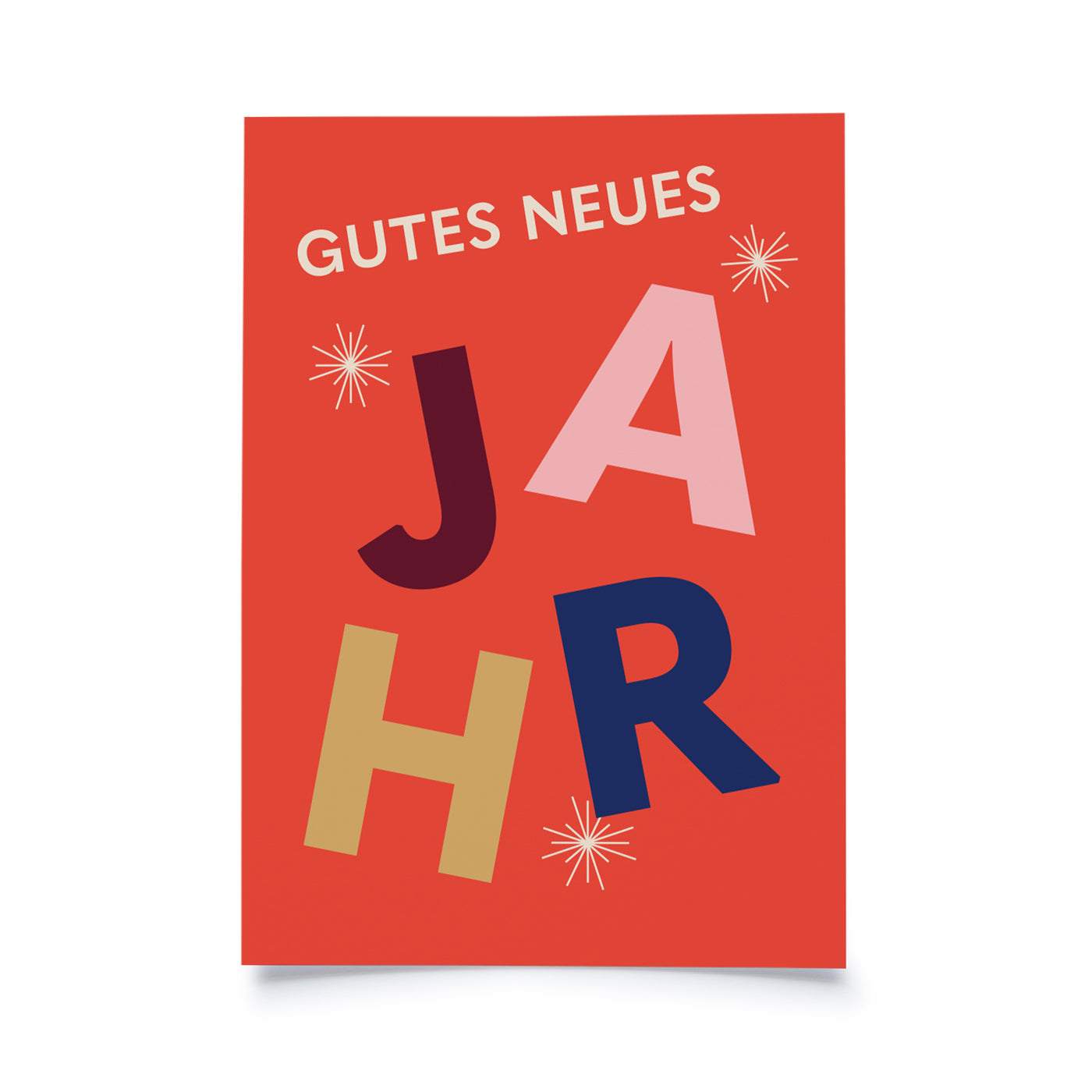 Rote Postkarte mit buntem Schriftzug Gutes neues Jahr