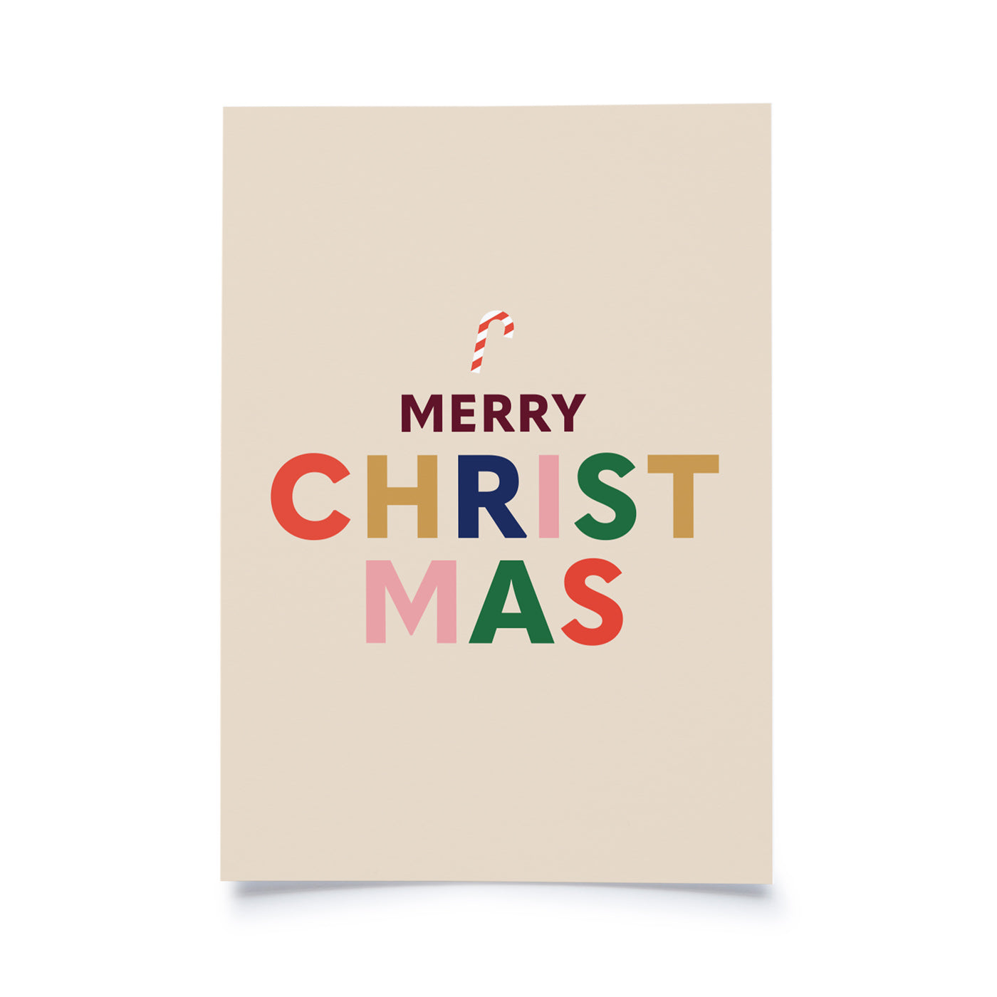 Postkarte cremeweiss mit dem bunten Schriftzug Merry Christmas 