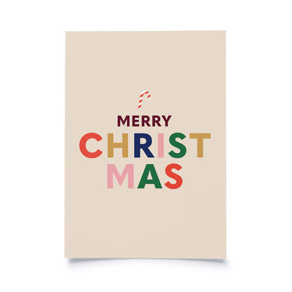 Postkarte cremeweiss mit dem bunten Schriftzug Merry Christmas 