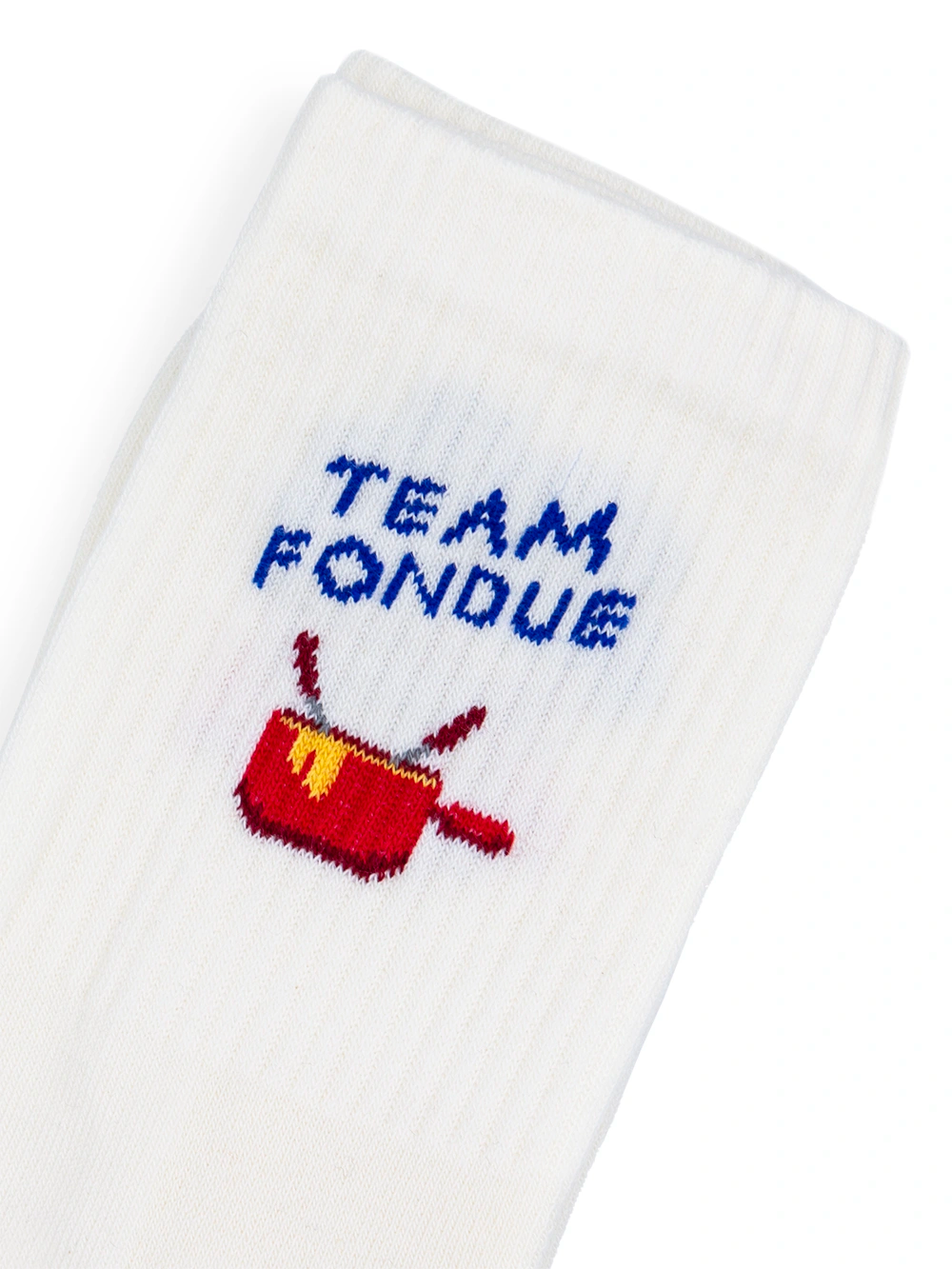 Detailansicht des Bündchens von Sportsocken mit dem Schriftzug Team Fondue und der Abbildung eines roten Fondue Caquelons